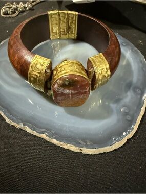 Handcrafted Brown Wood & Gold Stone Bangle Bracelet